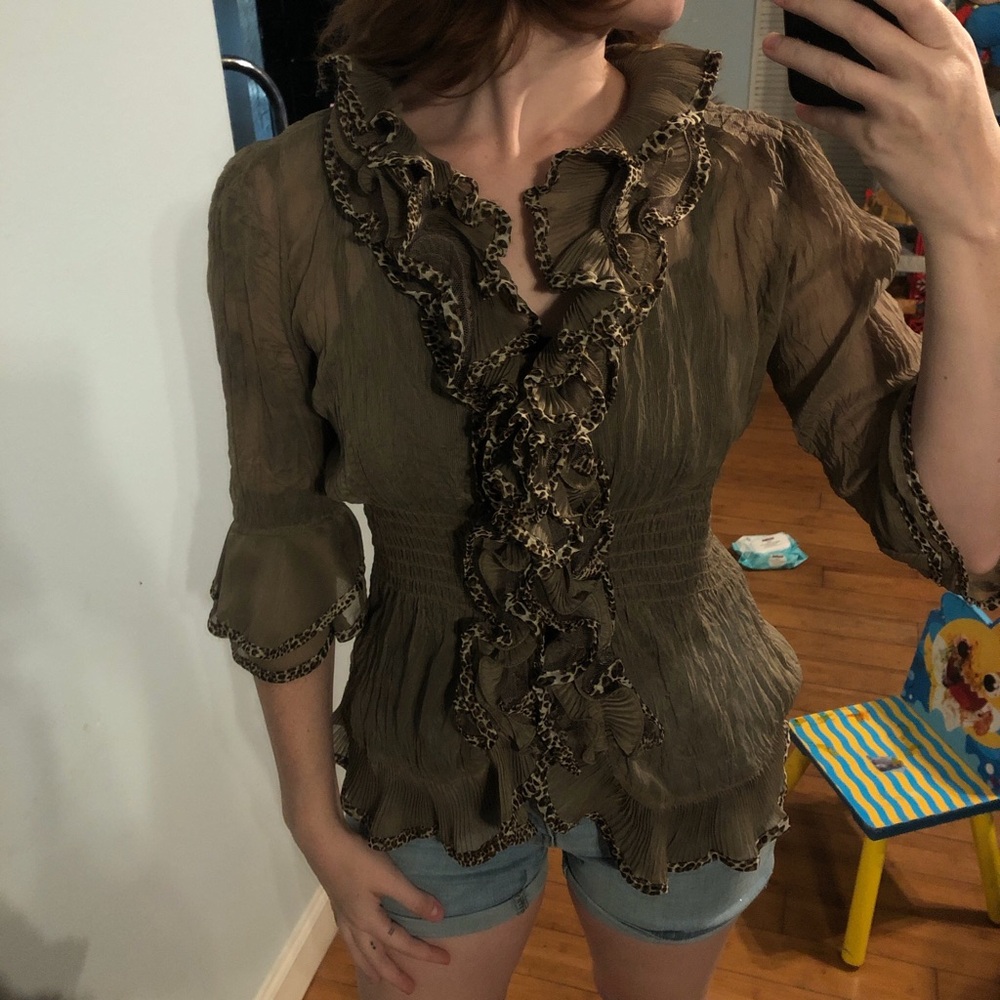 Kessley Brown sheer blouse with ruffles